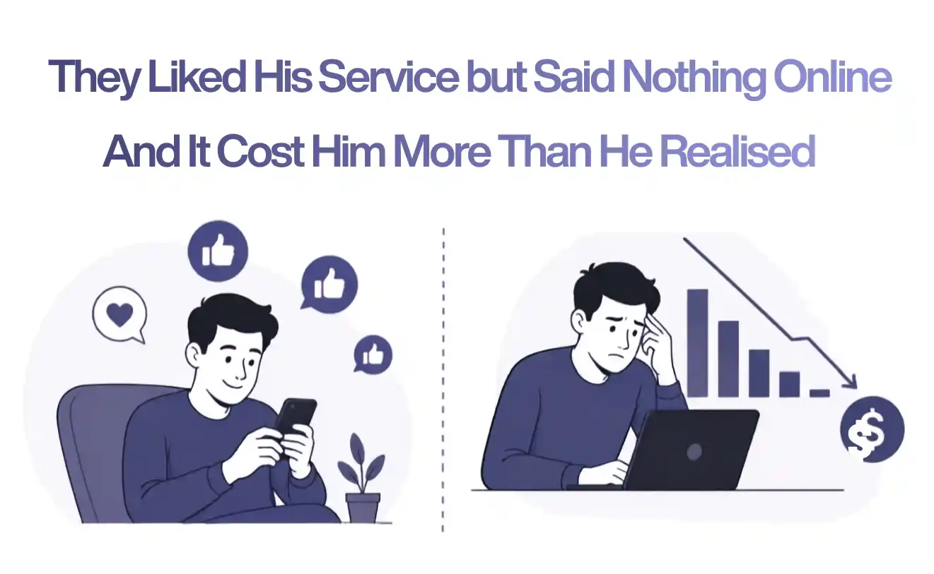 Customer enjoys a business service but leaves no online review, showing how missing customer feedback affects trust and revenue growth.