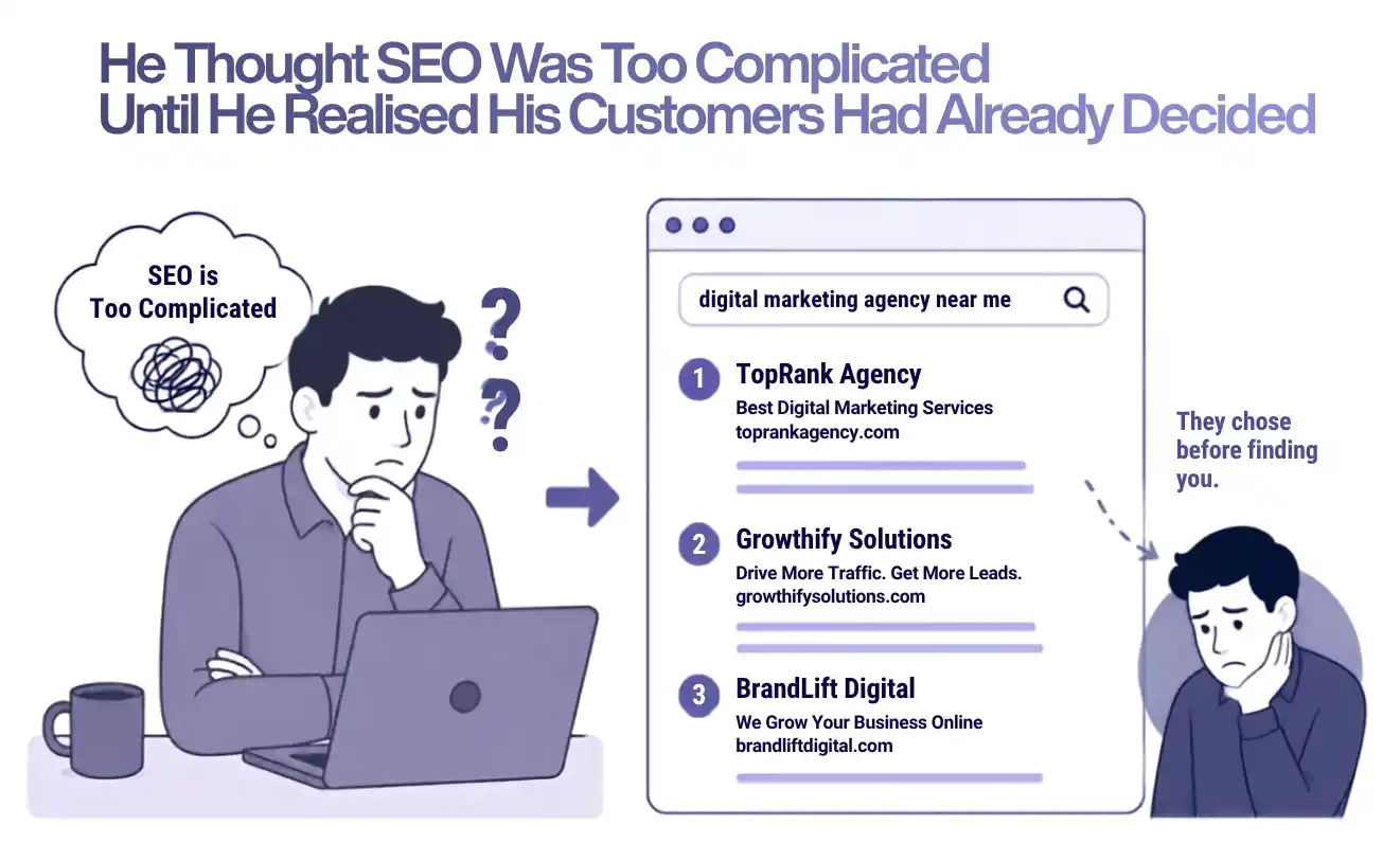 Business owner struggling with SEO while competitors rank higher in Google search results, showing how SEO influences customer decisions online.