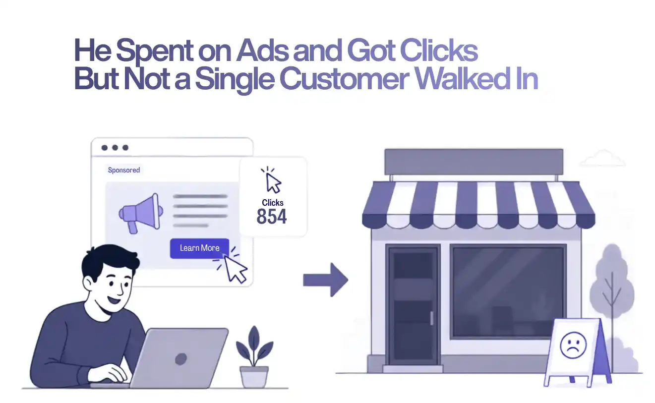 Business owner getting ad clicks but no real customers, showing how poor conversion strategy wastes digital advertising budgets online.