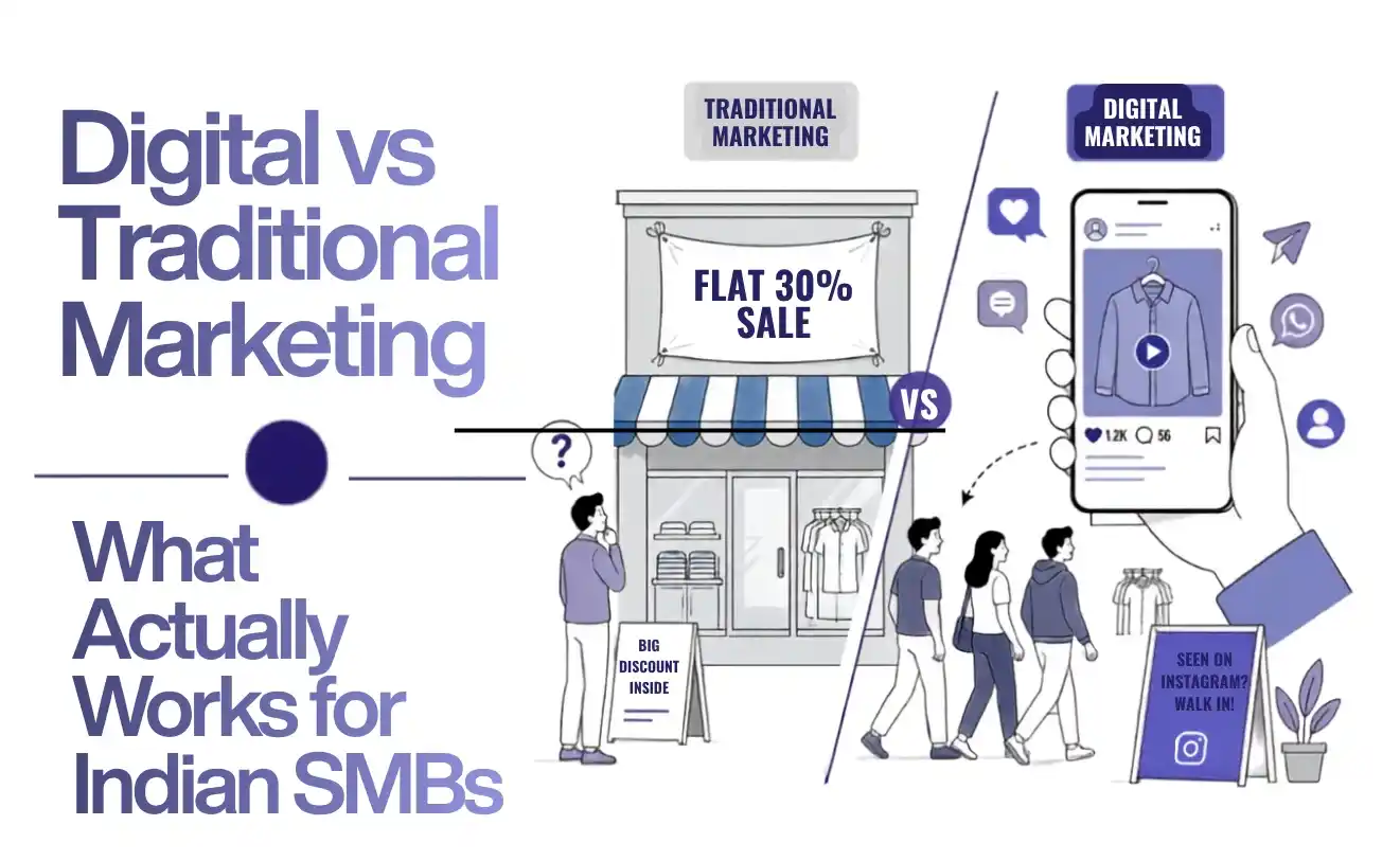 Digital vs traditional marketing comparison for Indian SMBs showing offline store promotion and online social media advertising