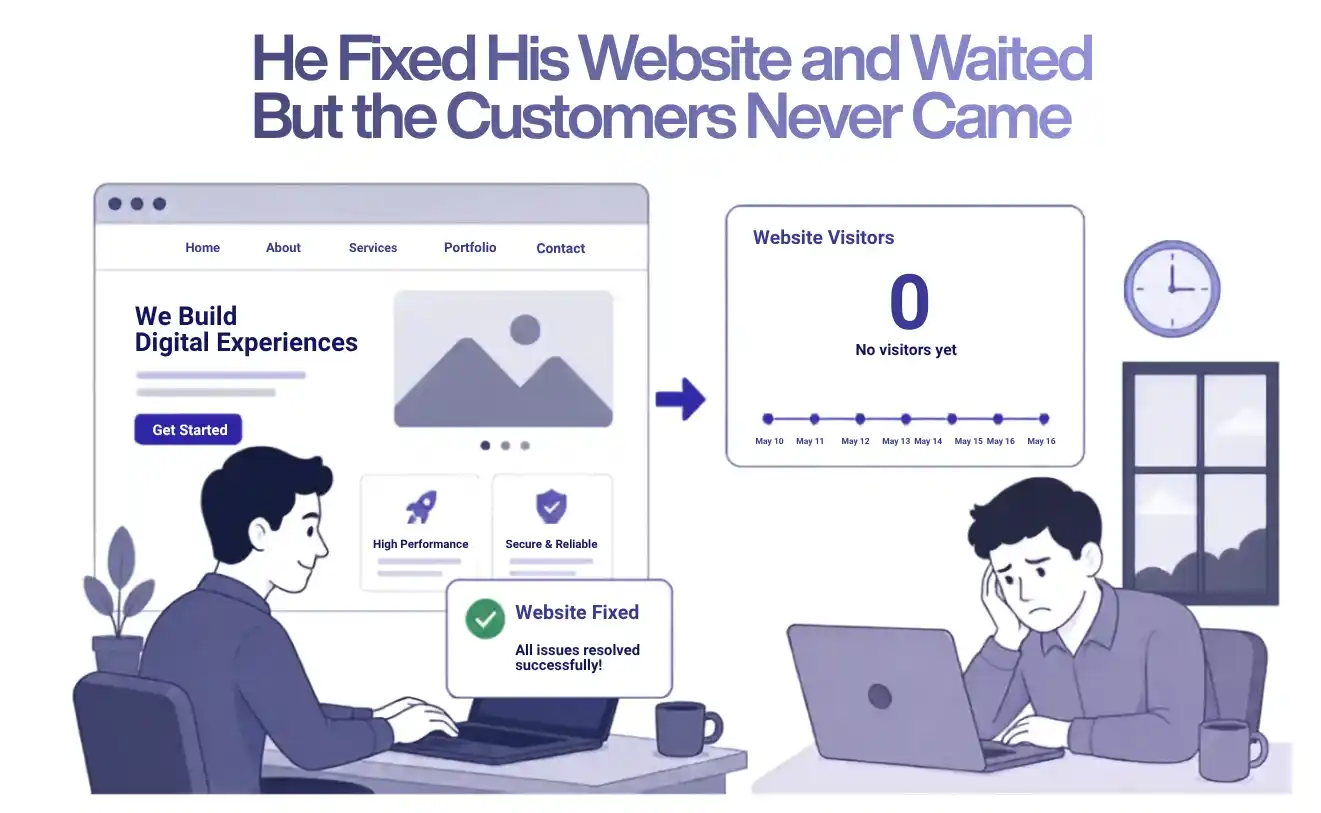 Business owner fixing his website but struggling to get visitors because the site lacks SEO, visibility, and digital marketing strategy.