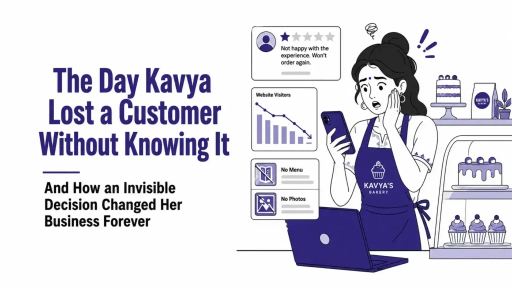 Small bakery owner losing customers due to poor online presence and website issues, highlighting digital marketing mistakes for Indian businesses.