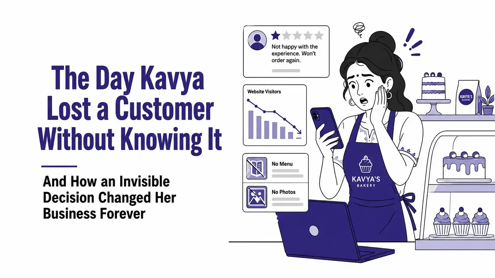 Small bakery owner losing customers due to poor online presence and website issues, highlighting digital marketing mistakes for Indian businesses.