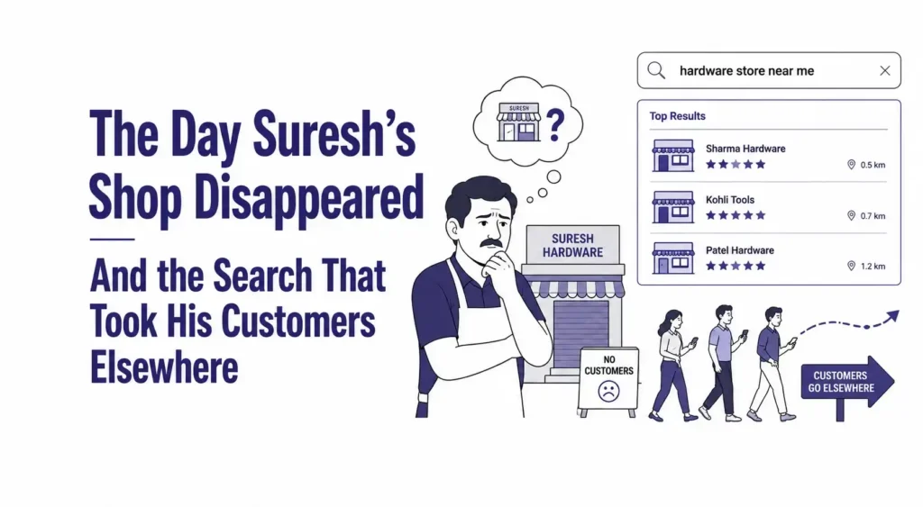 Local hardware store owner losing customers because his shop is not visible in Google search results for nearby hardware stores in India.