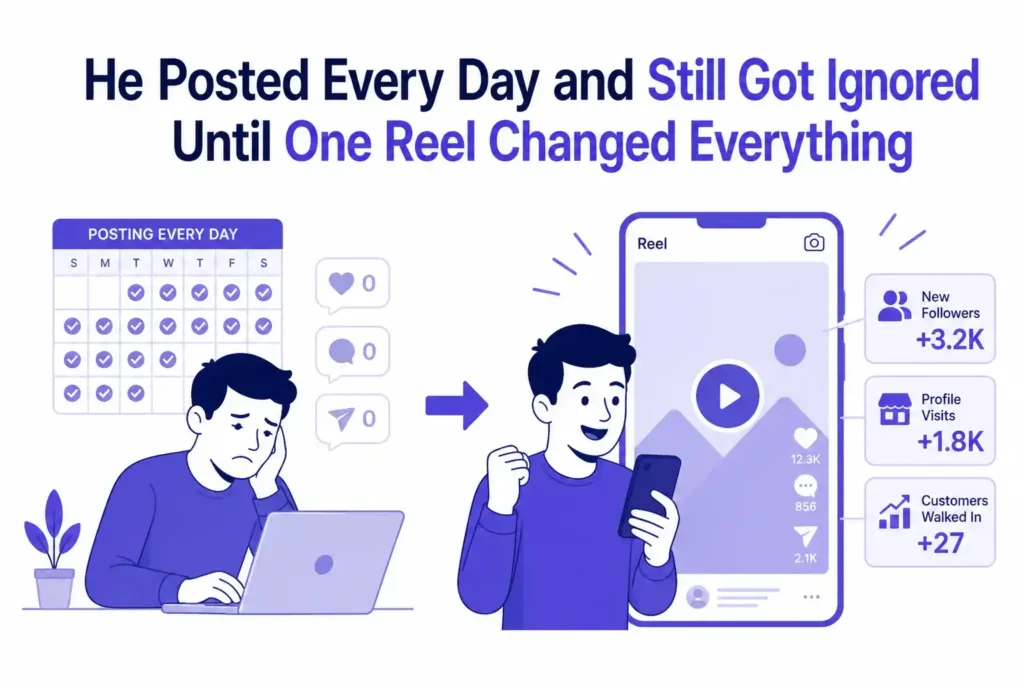 Business owner posting daily on social media but getting no engagement until one Instagram Reel increases followers, profile visits, and customers.