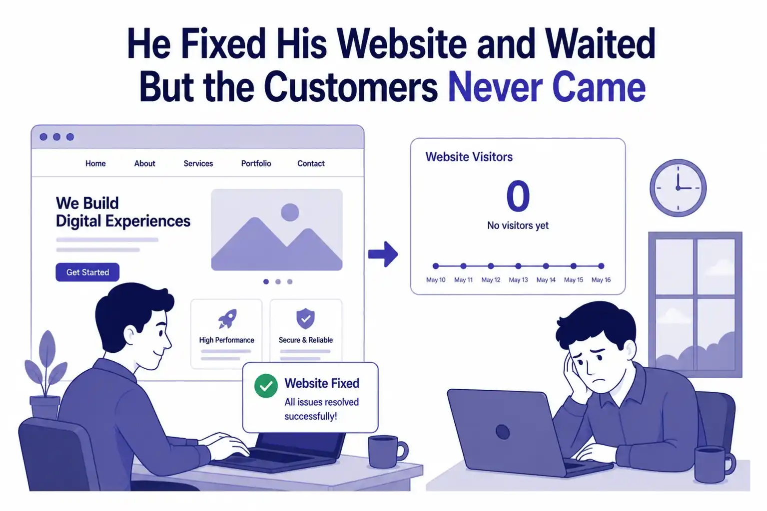 Business owner fixing his website but struggling to get visitors because the site lacks SEO, visibility, and digital marketing strategy.