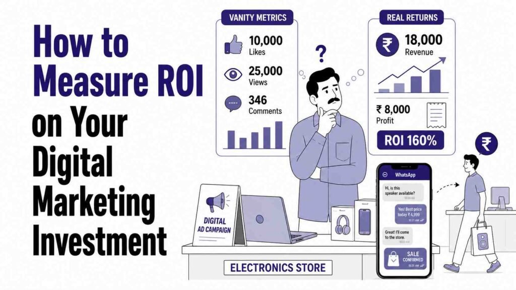 Digital marketing ROI measurement in India showing campaign analytics, revenue growth, profit tracking, and customer conversion metrics