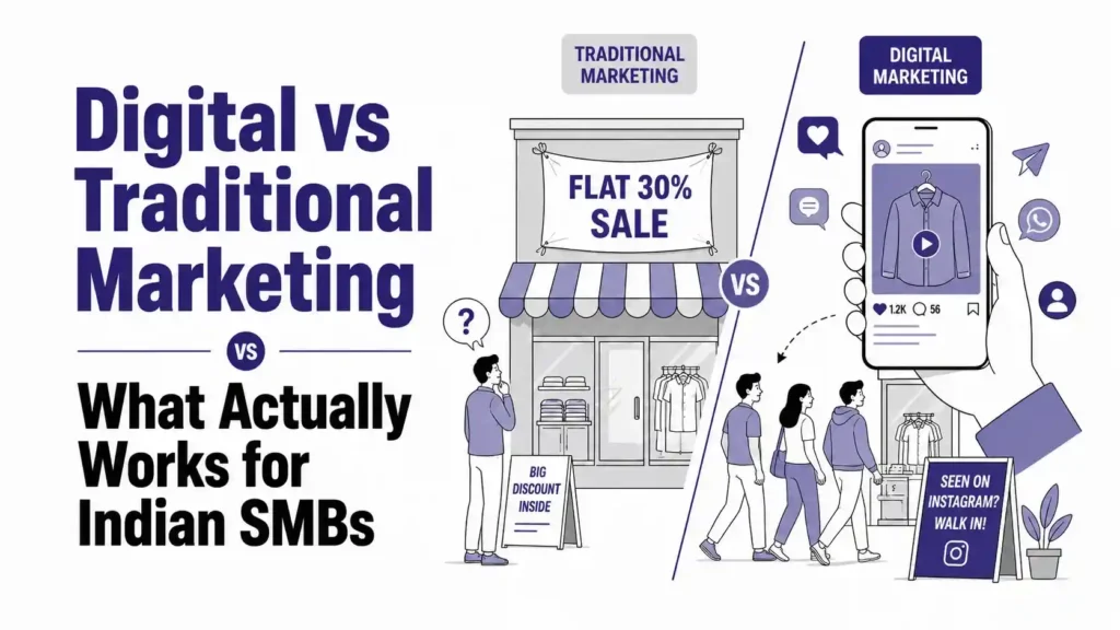 Digital vs traditional marketing comparison for Indian SMBs showing offline store promotion and online social media advertising