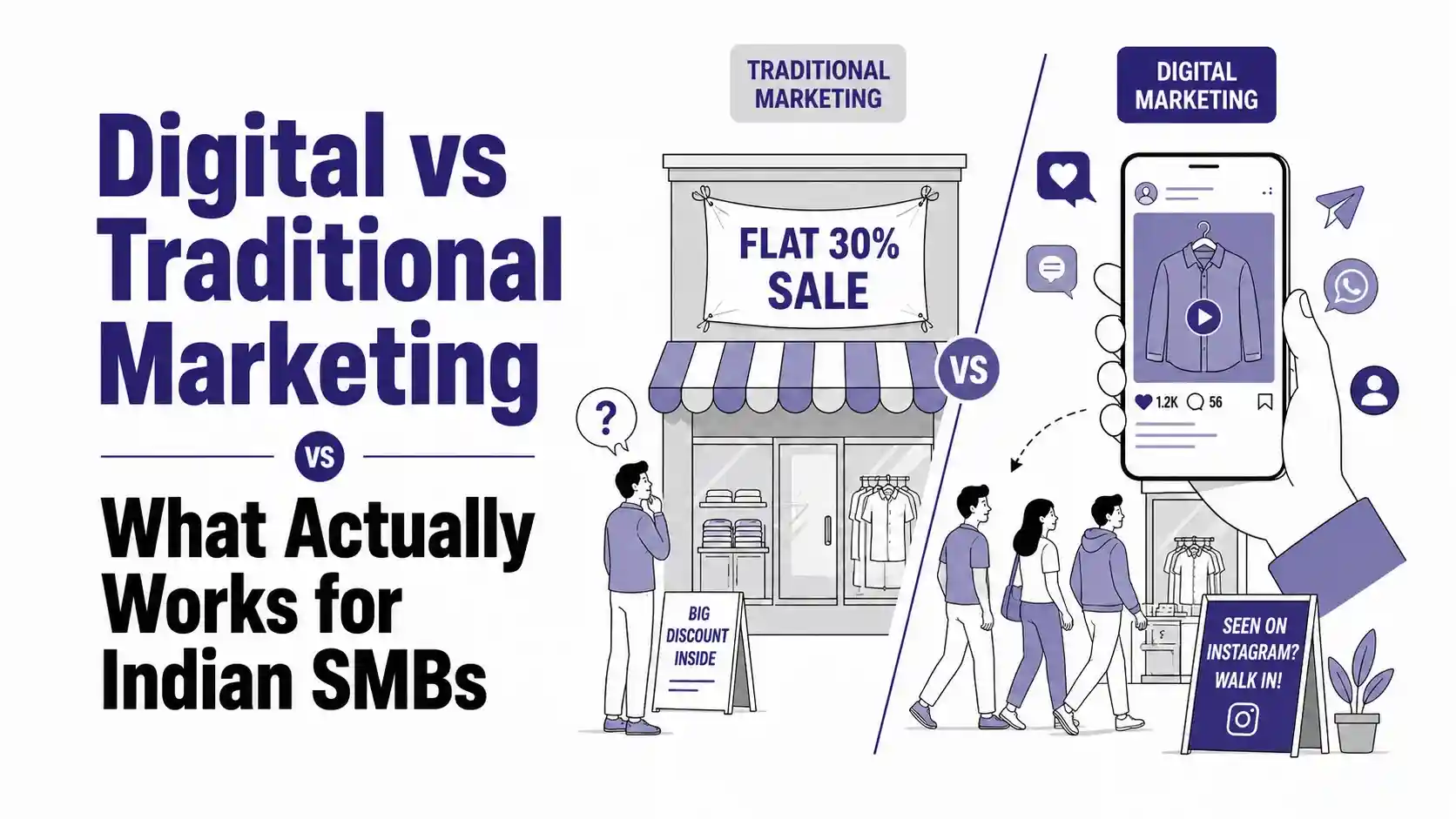 Digital vs traditional marketing comparison for Indian SMBs showing offline store promotion and online social media advertising