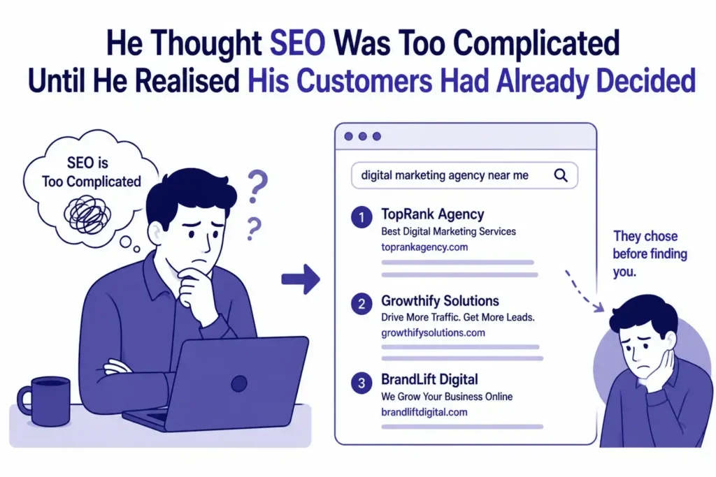 Business owner struggling with SEO while competitors rank higher in Google search results, showing how SEO influences customer decisions online.