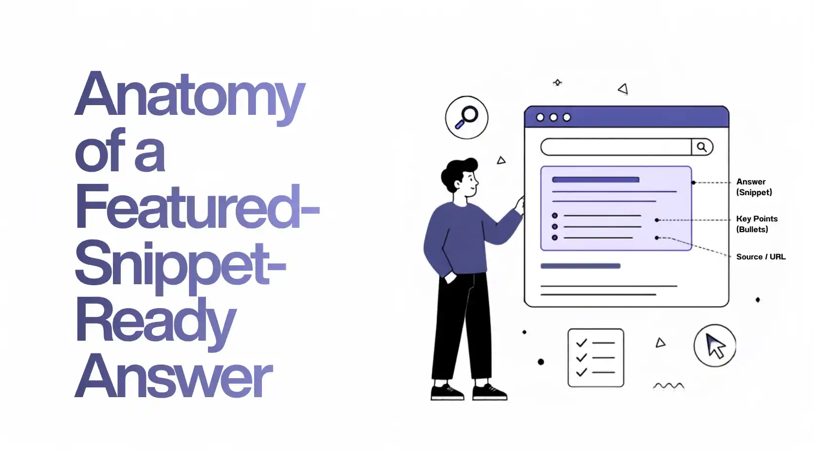 Illustration showing the structure of a featured snippet-ready answer with a concise answer, key bullet points, and source URL.