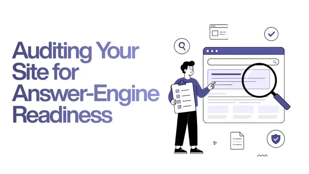 Illustration of an Answer Engine Optimization (AEO) website audit with a checklist, search results page, and magnifying glass.