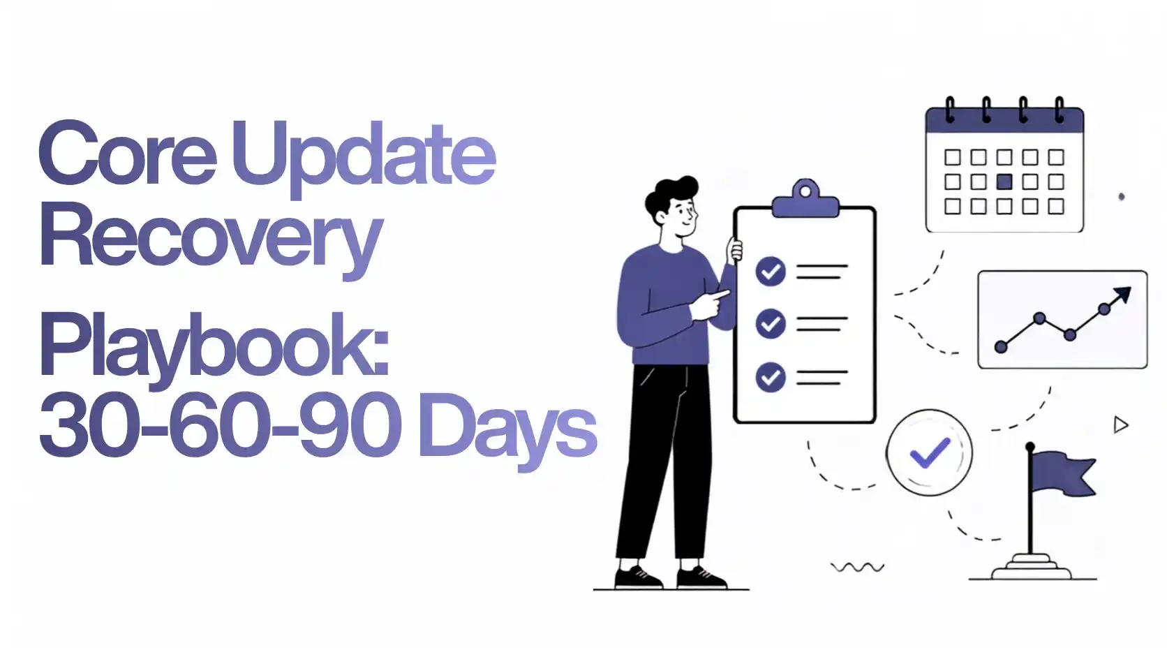 Illustration of a Google Core Update recovery plan with a checklist, calendar, progress chart, and 30-60-90 day SEO roadmap.