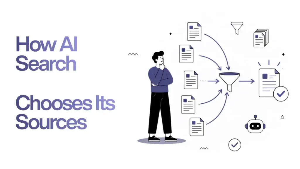 Illustration of multiple documents filtering through a funnel to represent how AI search selects its sources