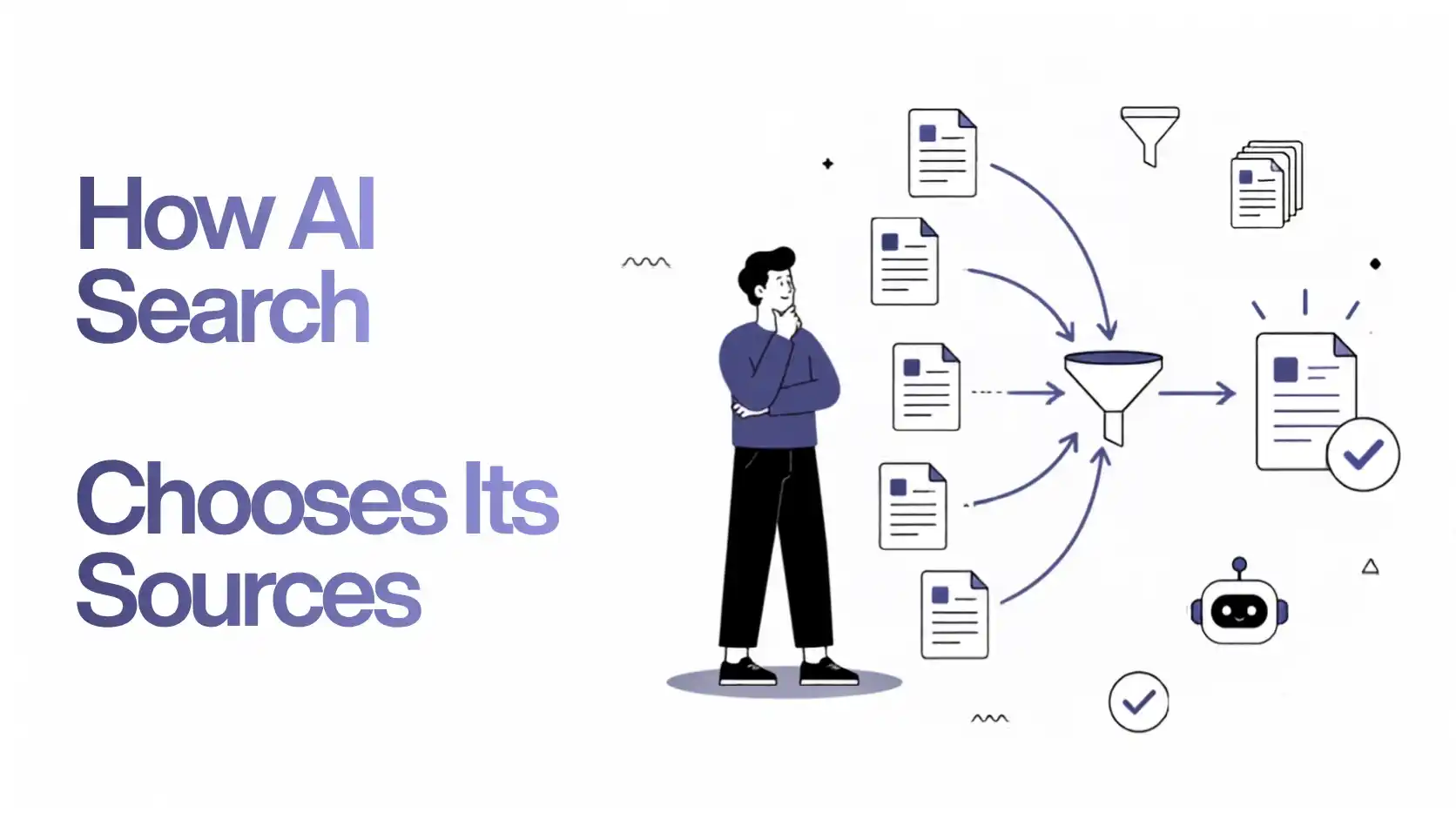 Illustration of multiple documents filtering through a funnel to represent how AI search selects its sources