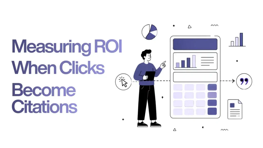 Illustration of a GEO content strategy dashboard measuring ROI through AI citations, analytics, and content performance.