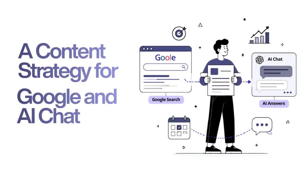 Illustration showing a content strategy for Google Search and AI chat platforms, with content flowing from Google search results to AI-generated answers.