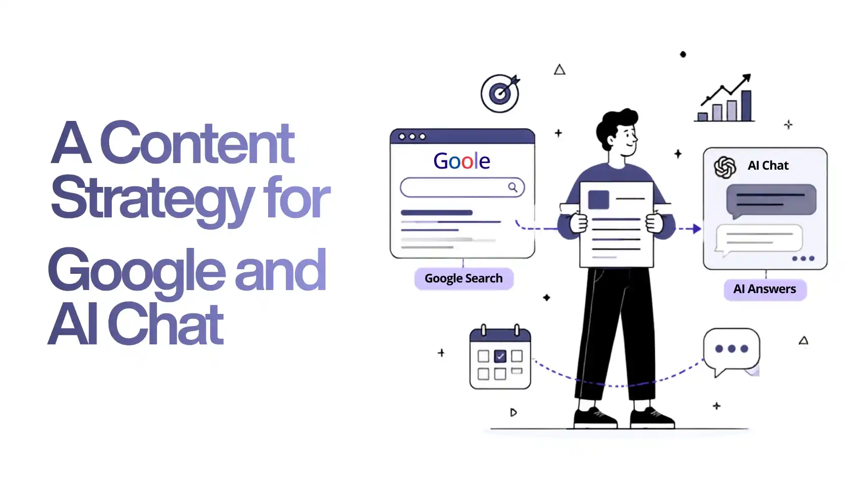 Illustration showing a content strategy for Google Search and AI chat platforms, with content flowing from Google search results to AI-generated answers.