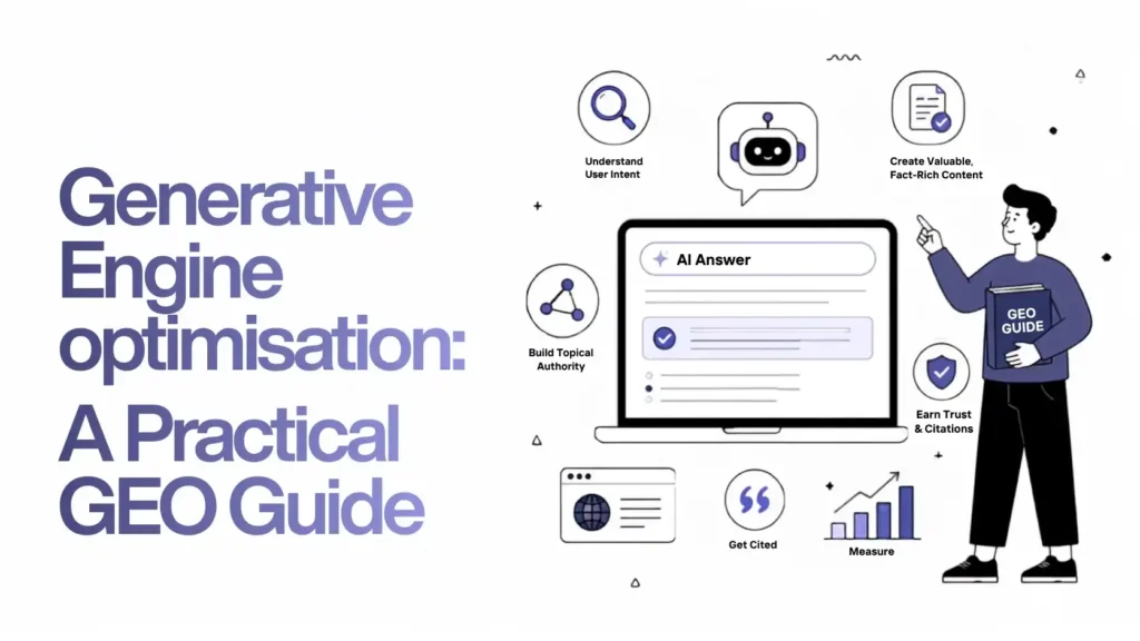 Generative Engine Optimization guide illustration showing steps to understand user intent, build topical authority, and get cited by AI answers