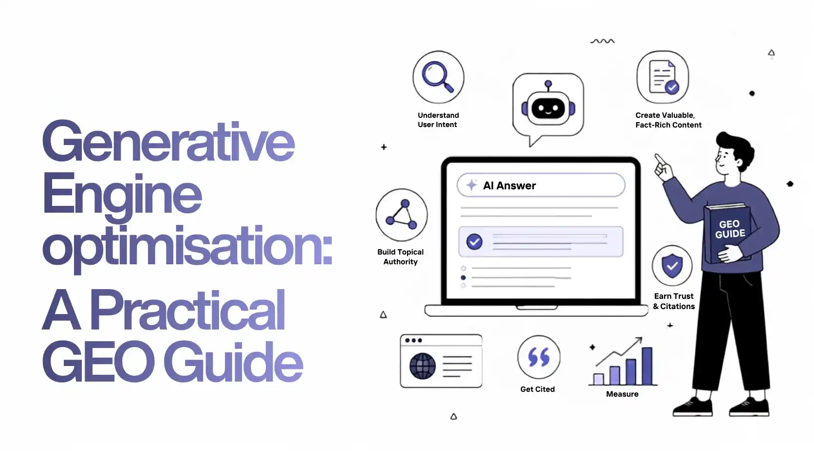 Generative Engine Optimization guide illustration showing steps to understand user intent, build topical authority, and get cited by AI answers
