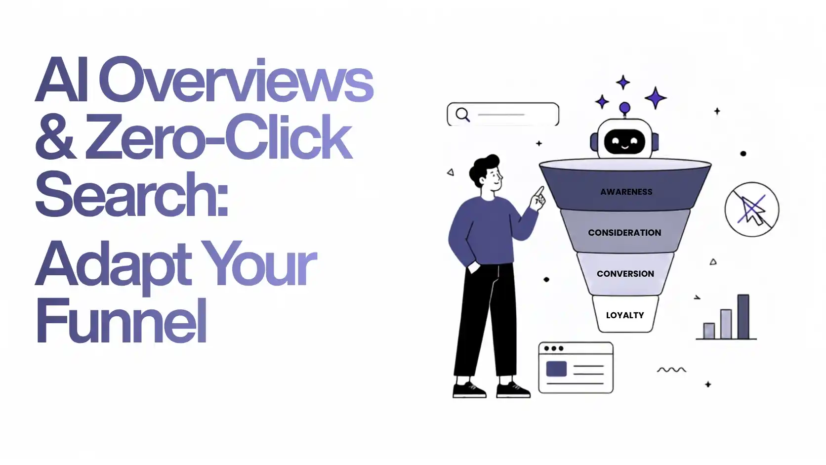 Illustration of AI Overviews and zero-click search showing an AI assistant above a marketing funnel with awareness, consideration, conversion, and loyalty stages, highlighting how businesses should adapt their SEO strategy.
