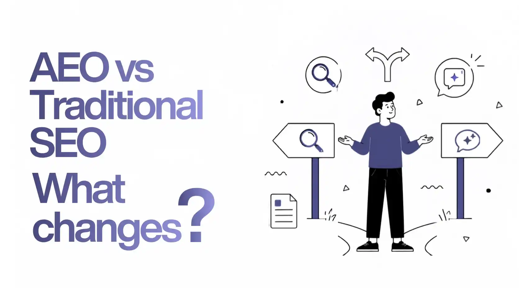 Illustration comparing Answer Engine Optimization (AEO) and traditional SEO with search, AI response, and decision path icons.
