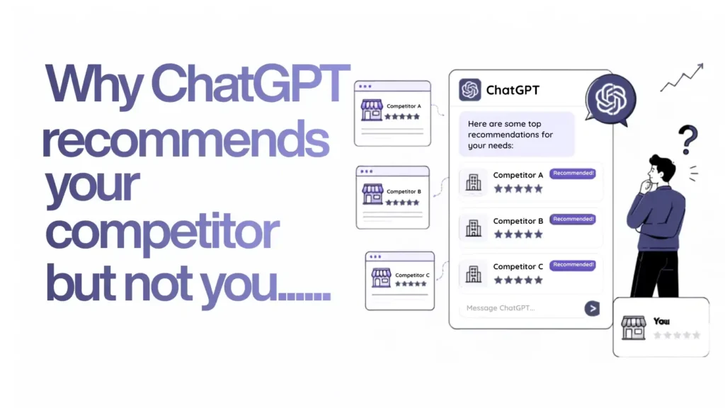 Illustration showing ChatGPT recommending competitor businesses instead of the user's company, highlighting the importance of a strong GEO content strategy, AI search visibility, and brand optimization.