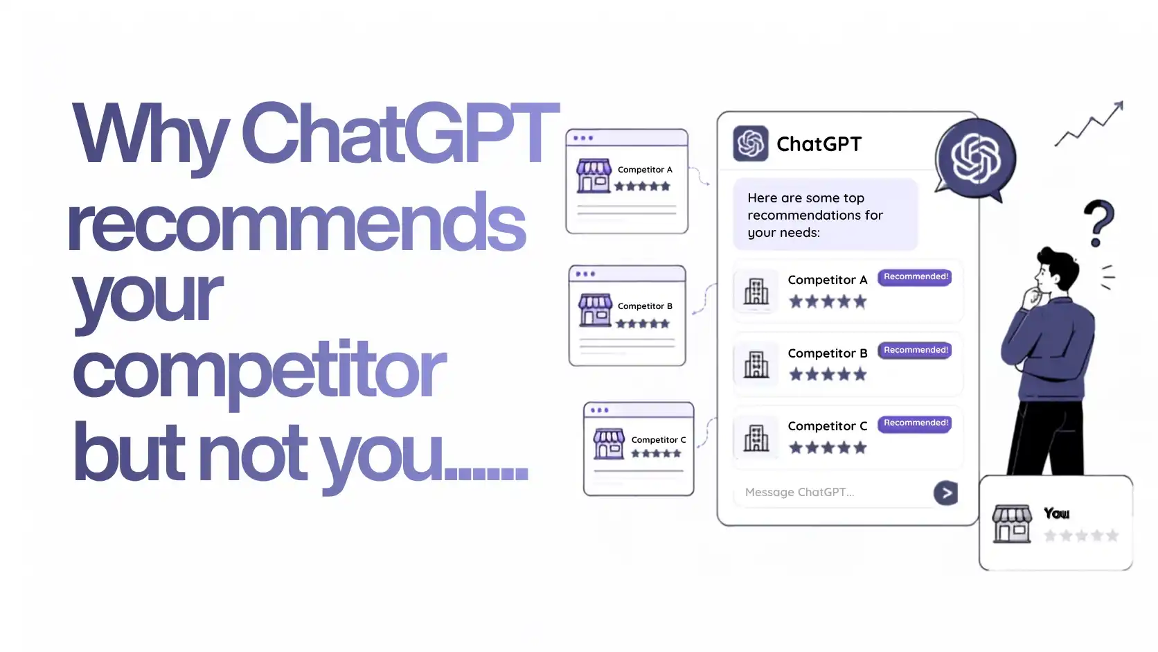 Illustration showing ChatGPT recommending competitor businesses instead of the user's company, highlighting the importance of a strong GEO content strategy, AI search visibility, and brand optimization.