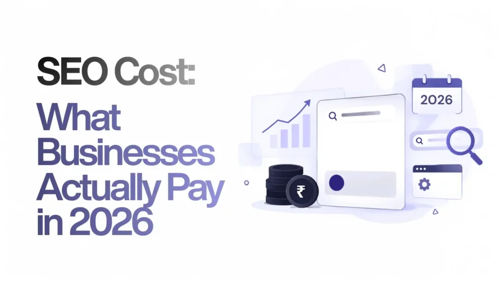 SEO cost in 2026 showing SEO pricing, search analytics, growth chart, rupee symbol, and 2026 calendar.